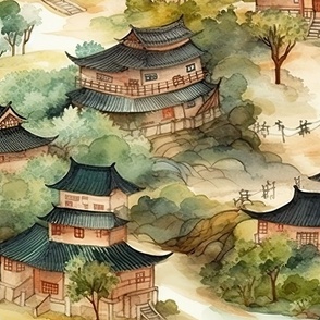 Chinese Village in Forest Watercolor