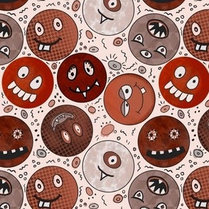 monster smiley faces handdrawn tossed textured fun in brown, earthy hues 6” repeat