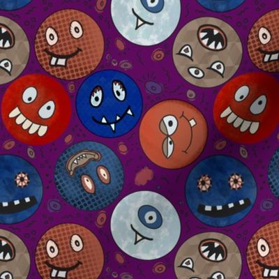 monster smiley faces handdrawn tossed textured fun in brown, blue, umber, icy blue on Halloween purple 6” repeat
