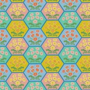 Mid century cottagecore honeycomb quilt design with primulas 