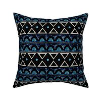 mid Western embroidery inspired distressed vintage hand drawn geometric 6” repeat moody blue black, blue and beige