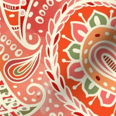 sunset  orange Boho Paisley wallpaper scale