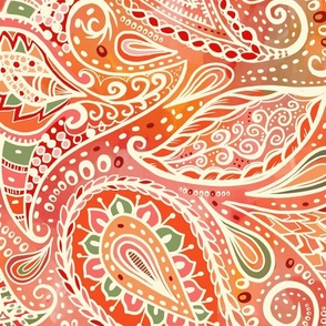 sunset  orange Boho Paisley wallpaper scale