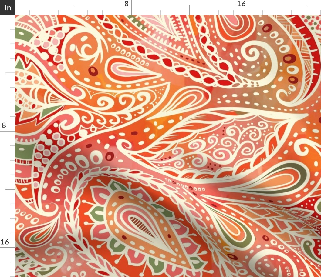 sunset  orange Boho Paisley wallpaper scale