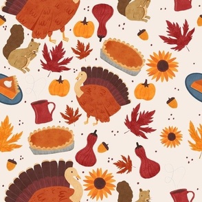 Thanksgiving Harvest with Autumn Botanicals, Pumpkins, and Turkeys