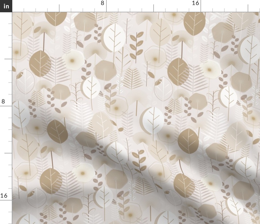 Small / Geometric Garden - Neutral Colors Dandelions Ferns Foliage Leaves Flowers Monochromatic Gubiller Botanicals Florals Plants Earthy Colors Nature Muted Colors Neutrals Wallpaper Monochrome Beige Khaki 