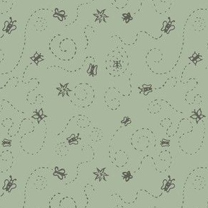 Small scale bees and butterflies illustration buzzing and flying around on whirlybird green background for kids, baby boy or girl, or nursery