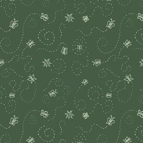 Small scale bees and butterflies illustration buzzing and flying around on artichoke green background for kids, baby boy or girl, or nursery