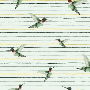 Hummingbird stripes birds flying fabric pattern watercolor painted eggshell white and green shades for nursery, picnics, home & kitchen