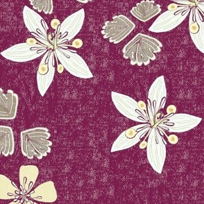 Jumbo Buttercups on Wine Red with Linen Texture