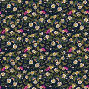 White daisies olive green foliage leaves _ whimsical butterflies on navy blue