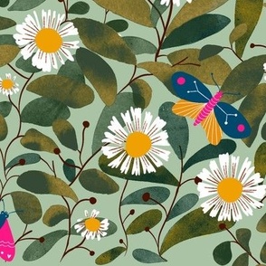 White daisies olive green foliage leaves _ whimsical butterflies on sage green wallpaper