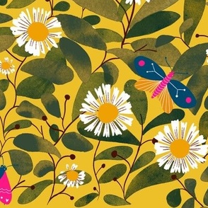 White daisies olive green foliage leaves _ whimsical butterflies on yellow wallpaper
