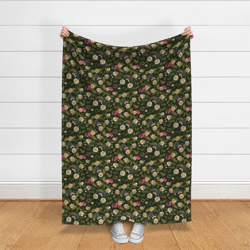 White daisies olive green foliage leaves _ whimsical butterflies on forest green wallpaper