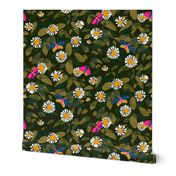 White daisies olive green foliage leaves _ whimsical butterflies on forest green wallpaper