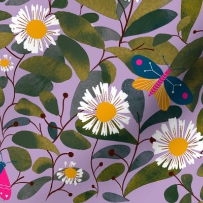 White daisies olive green foliage leaves _ whimsical butterflies on lilac wallpaper