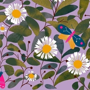 White daisies olive green foliage leaves _ whimsical butterflies on lilac wallpaper