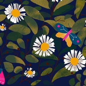 White daisies olive green foliage leaves _ whimsical butterflies on navy blue wallpaper