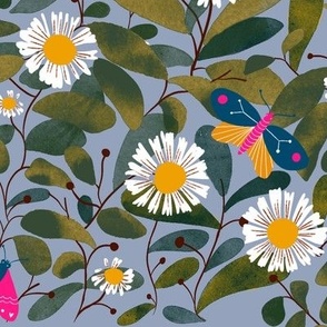 White daisies green foliage leaves _ whimsical butterflies on blue Wallpaper