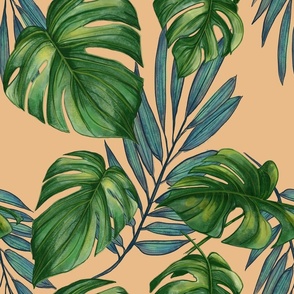 Monstera and Palm - green on coral