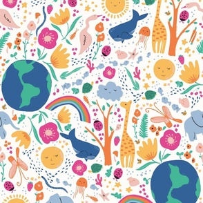 MEDIUM - Wonderful World hero pattern featuring animal friends, plants, flowers, nature, fruits. Celebrating earth. Perfect for baby!