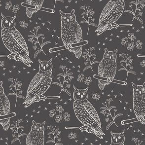 Owl sketch with tracks and florals - Grey & White