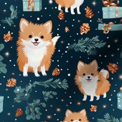 Adorable Pomeranian Pups with Christmas Presents: Playful Holiday Dogs with Dark Teal Blue and Orange Sprigs of Pine, Festive Pet-Themed