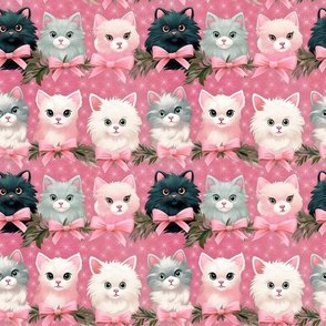 Adorable Kitty Cat-Themed Fabric with Pink Bows for Kids - White, Gray, and Black - Modern Holiday Design  