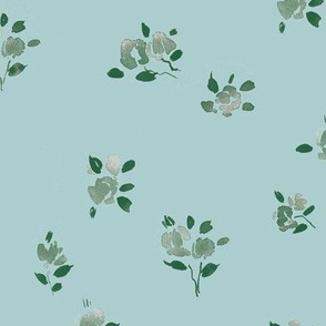 French spring - jade green on clear pond blue - watercolor dainty flowers - ditsy stylised florals b119-11