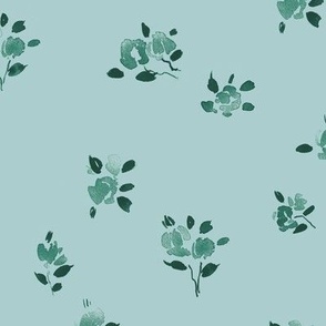French spring - teal on clear pond blue - watercolor dainty flowers - ditsy stylised florals b119-12