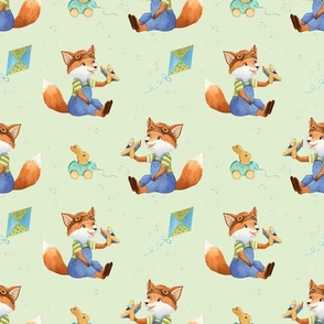 The little fox dreams of becoming a pilot.  Pattern for boys. Watercolor drawind