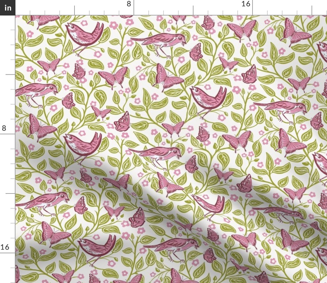 illustrated birds and butterflies in peony and lime