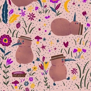 Whimsical Kiwo Bird Explorer Kiwiana with Pink flowers _ Mushrooms Gender Neutral on Peach Wallpaper