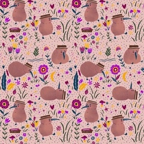 Whimsical Kiwo Bird Explorer Kiwiana with Pink flowers _ Mushrooms Gender Neutral on Peach small