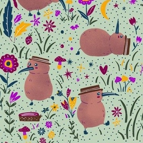 Whimsical Kiwo Bird Explorer Kiwiana with Pink flowers _ Mushrooms Gender Neutral on Sage Wallpaper