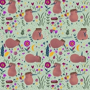 Whimsical Kiwo Bird Explorer Kiwiana with Pink flowers _ Mushrooms Gender Neutral on Sage Small