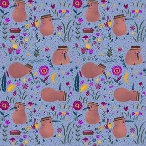 Whimsical Kiwo Bird Explorer Kiwiana with Pink flowers _ Mushrooms Gender Neutral on Blue Small