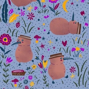 Whimsical Kiwo Bird Explorer Kiwiana with Pink flowers _ Mushrooms Gender Neutral on Blue Wallpaper