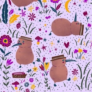 Whimsical Kiwo Bird Explorer Kiwiana with Pink flowers _ Mushrooms Gender Neutral on light pink Wallpaper