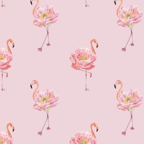 Elegant flamingos with pink peony flowers