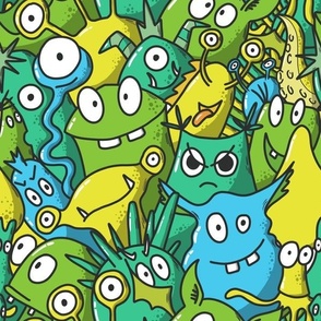 cute green and blue monsters
