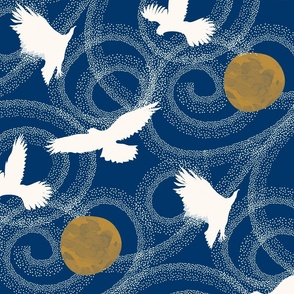 Hawks Fly (L)  in Moonlight Navy Blue Gold Birds in Flight