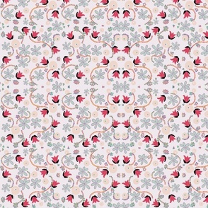 Tulip Blush Scattered steel blue flowers over off white colour with small red tulip highlights