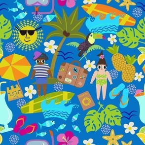 Island Vacation / blue background / multicolored