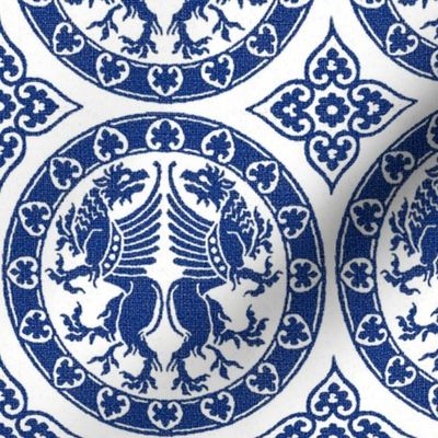 griffins in roundels, royal blue on white 6W