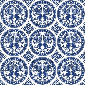 griffins in roundels, royal blue on white 6W