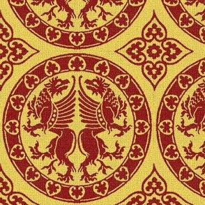 griffins in roundels, dark red on light goldenrod 6W