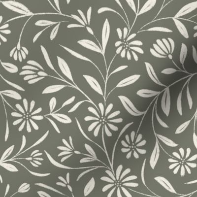Flowy Textured Floral _ Creamy White_ Limed Ash Green _ Pretty Flowers
