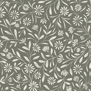 Flowy Textured Floral _ Creamy White_ Limed Ash Green _ Pretty Flowers