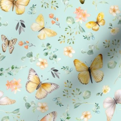 Butterflies Md – Yellow Butterfly Fabric, Garden Floral, Flowers & Butterflies Fabric (baby green)